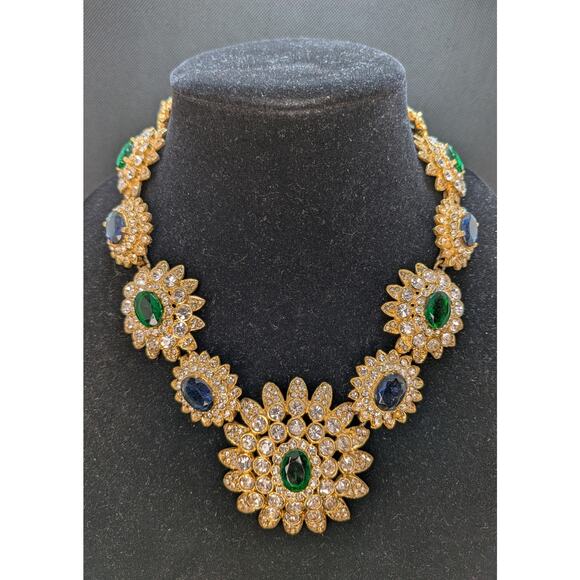 KJL Kenneth Jay Lane Gold Statement Necklace with Blue Green & Clear Rhinestones - Picture 1 of 10